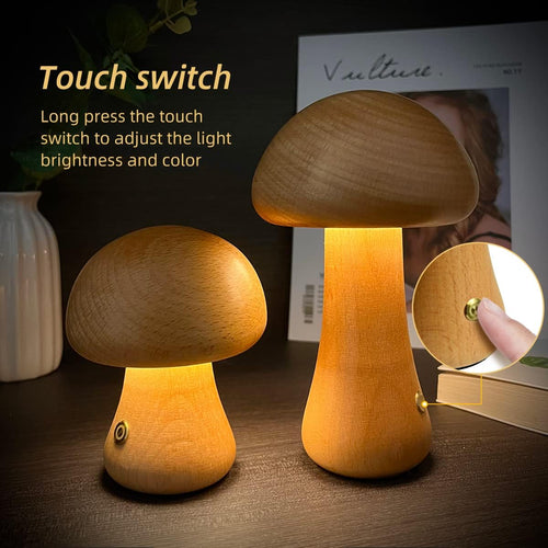 Cute Wooden Mushroom LED Night Light – Touch Control