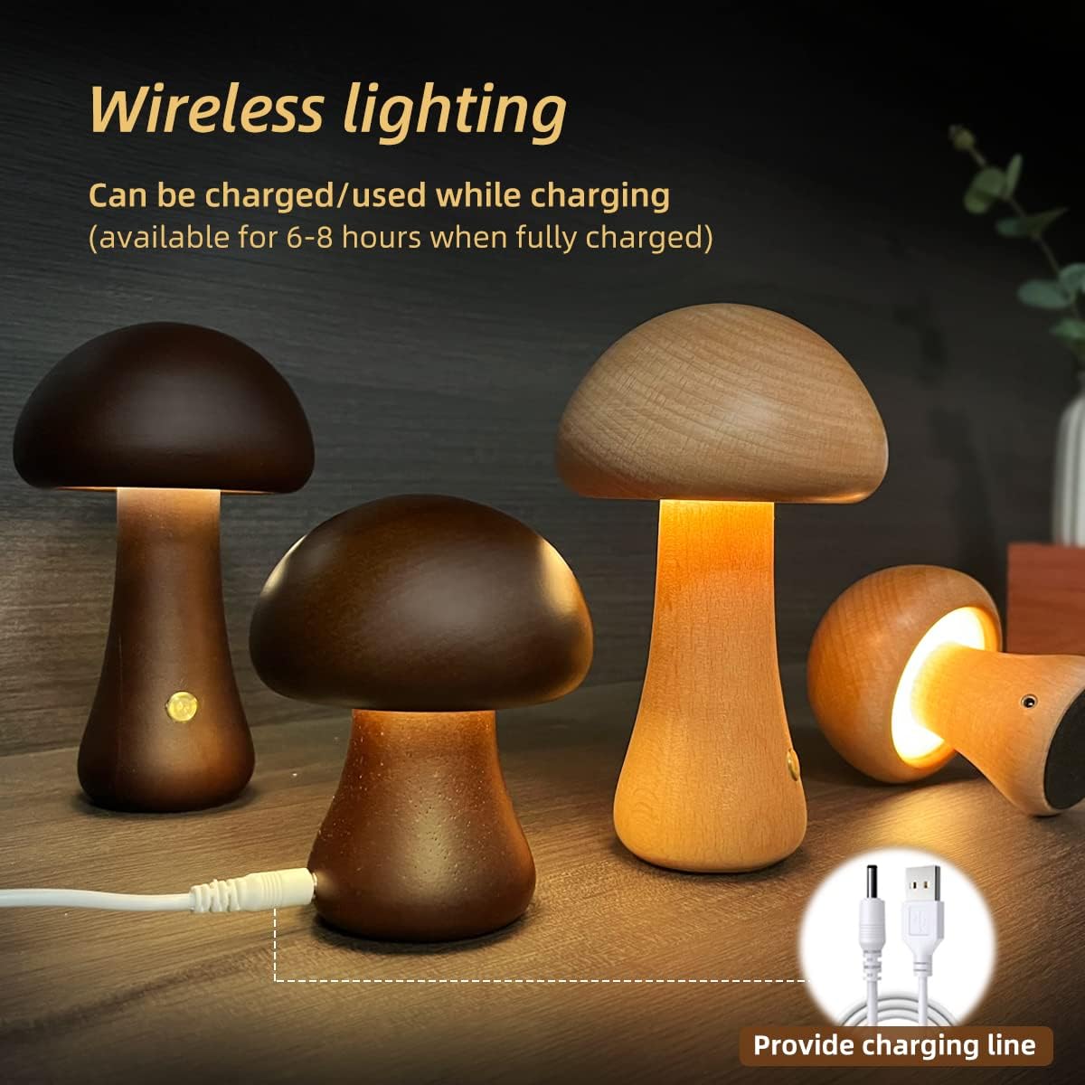 Cute Wooden Mushroom LED Night Light – Touch Control