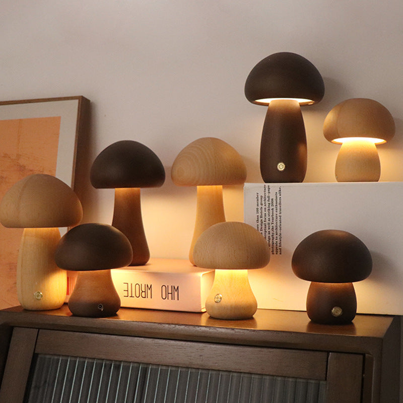 Cute Wooden Mushroom LED Night Light – Touch Control