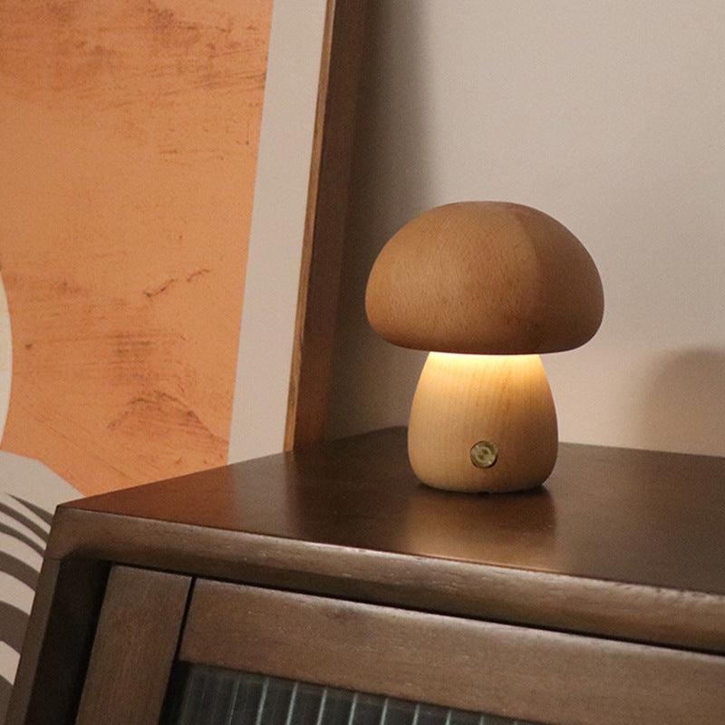 Cute Wooden Mushroom LED Night Light – Touch Control